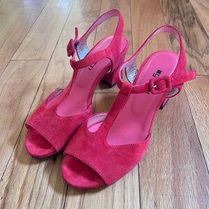 NEW Gritti Bright Rose Red Heeled Sandals with Ankle Straps